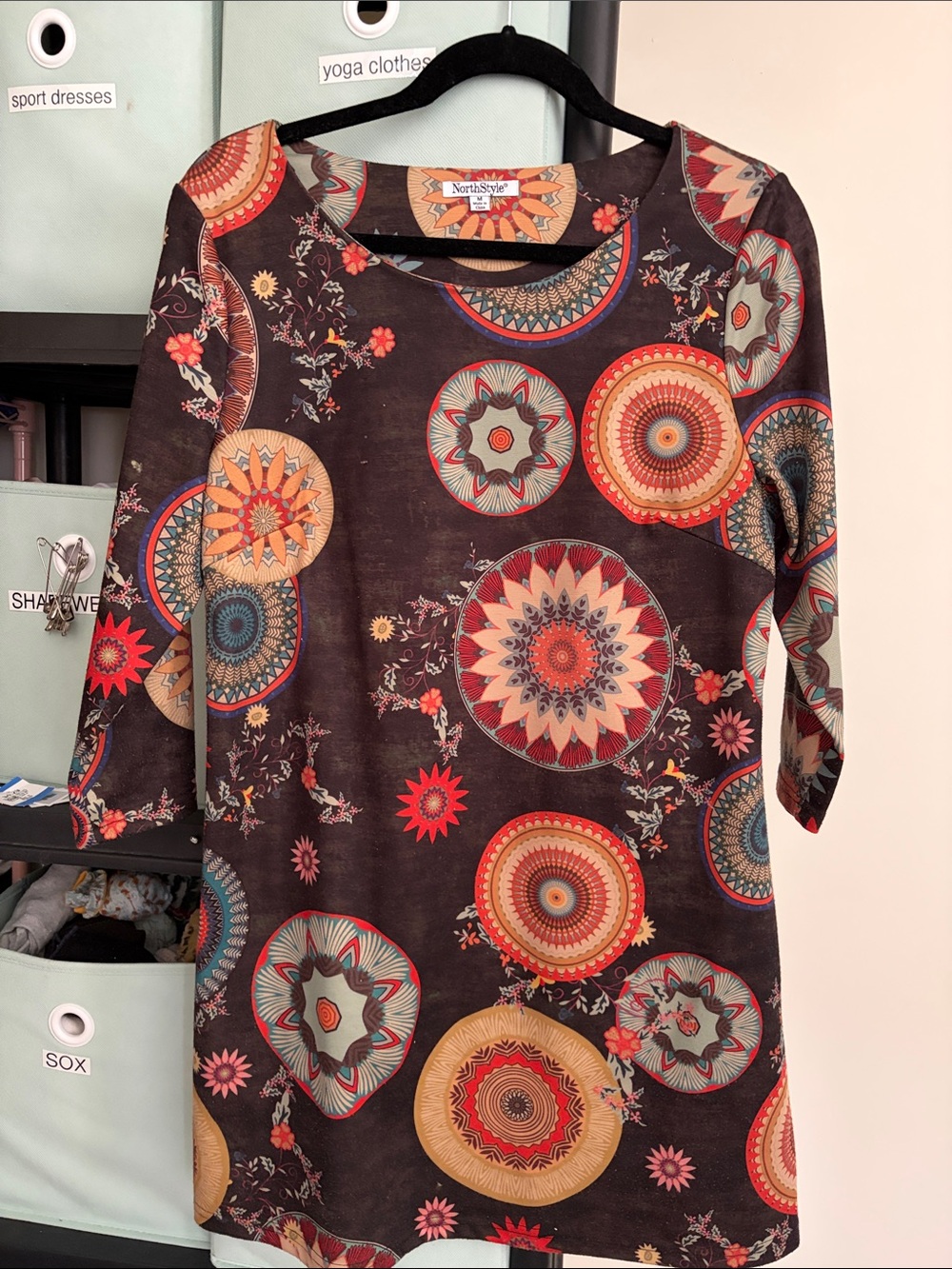 NorthStyle Brown Mandala Circle Print Tunic Top with Colorful Accents